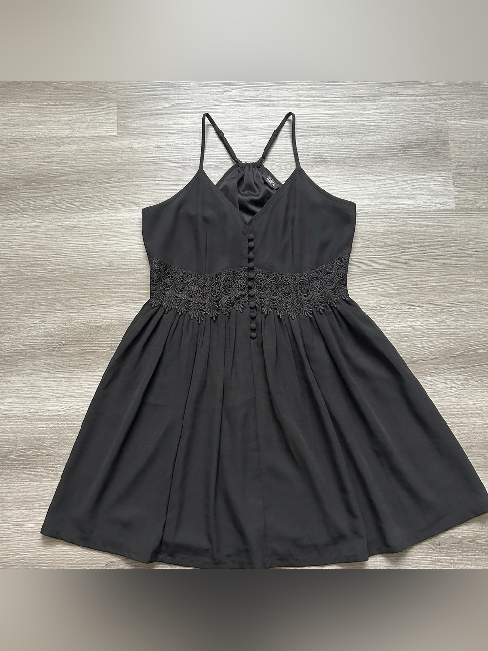 Dex Black Spaghetti-Strap Mini Dress with Lace Waist